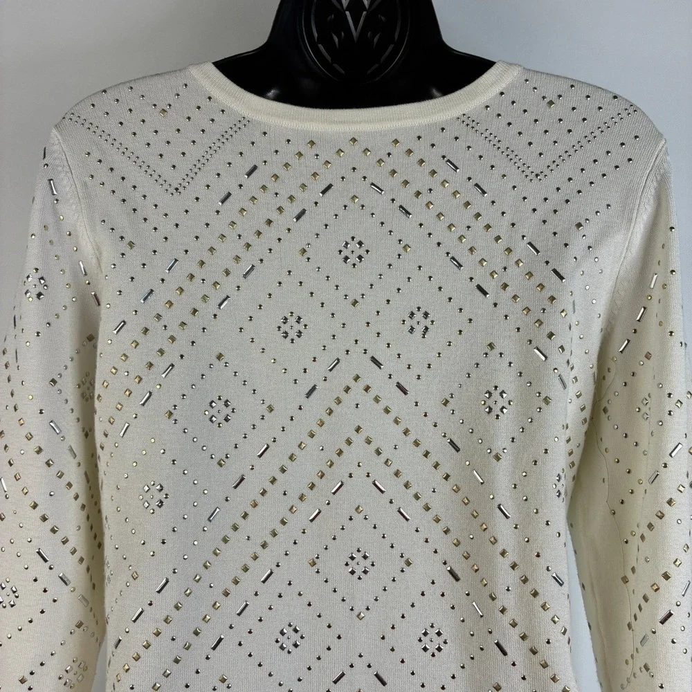 White House Black Market Ecru Size Small Embellished Cardigan‎ Cream  3/4 Sleeve